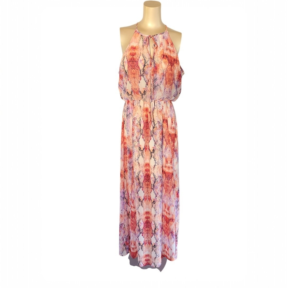 Peach Love Snake Print Halter Maxi Dress Coral Purple M